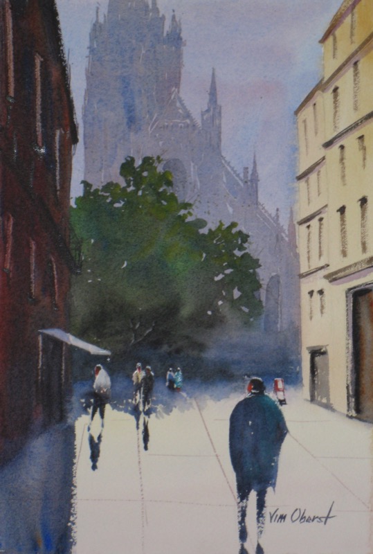 landscape, urban, city, rouen, france, cathedral, europe, oberst, original watercolor painting